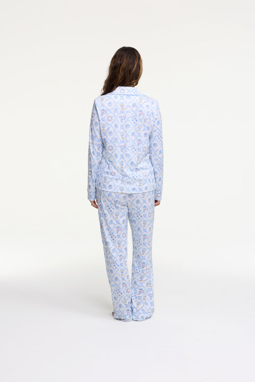 LoveShackFancy x Roller Rabbit Starry Nights Lattice Long Sleeve Polo Pajamas